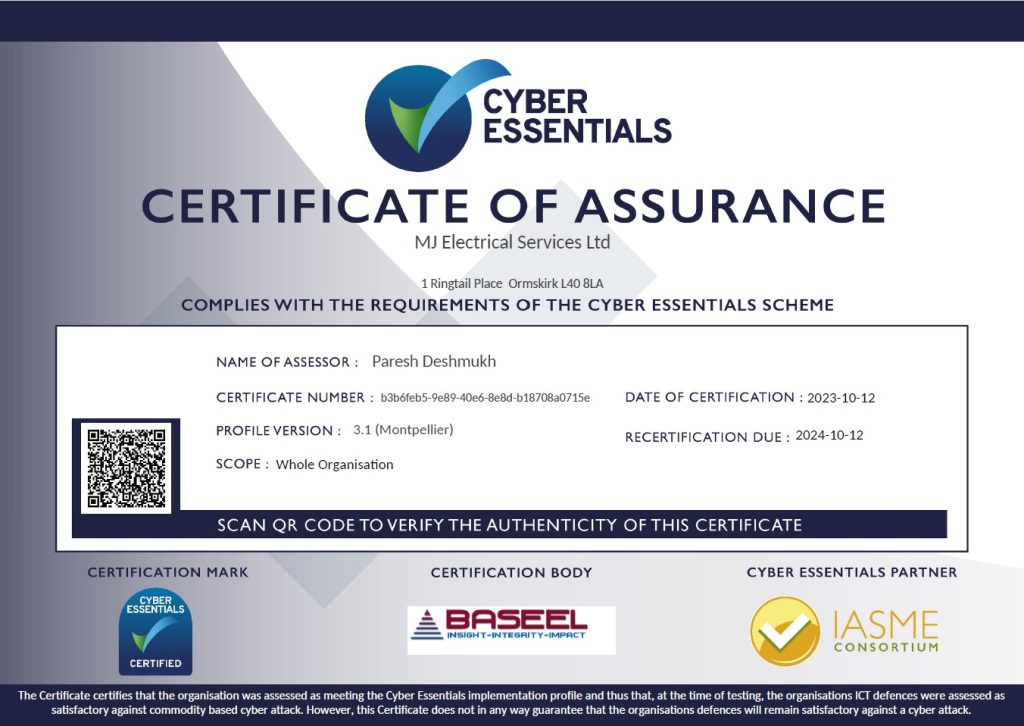 IASME Cyber Essentials Certificate of Assurance