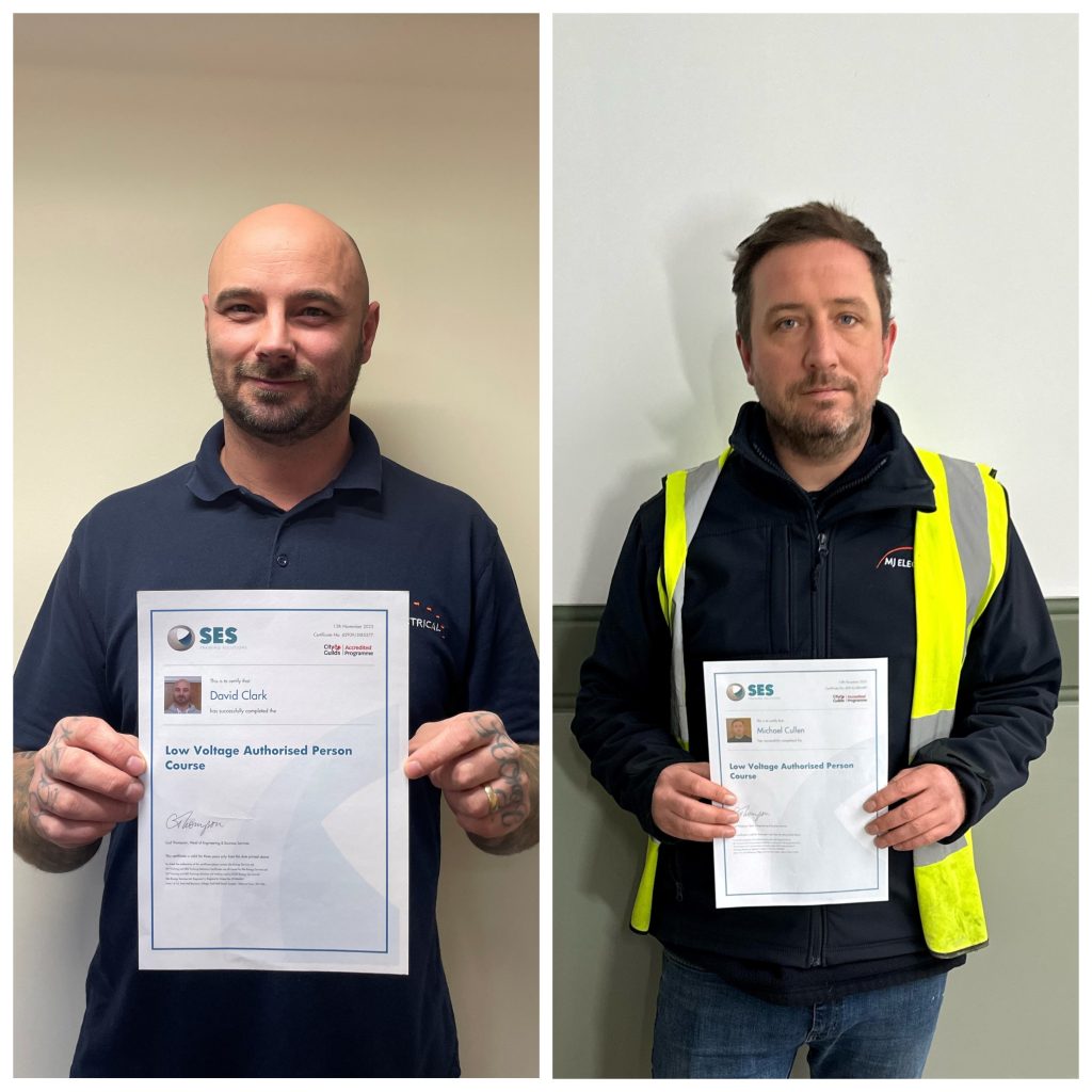 Well done to Dave Clark and Mike Cullen for passing their Low Voltage Authorised Person Course